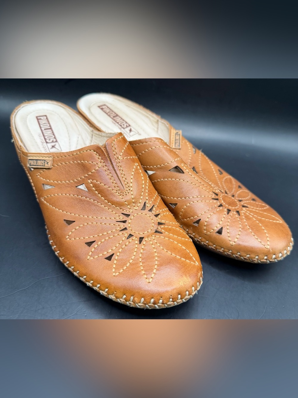PIKOLINOS Caramel Brown Leather Floral Cutout Mules-Small heel-36